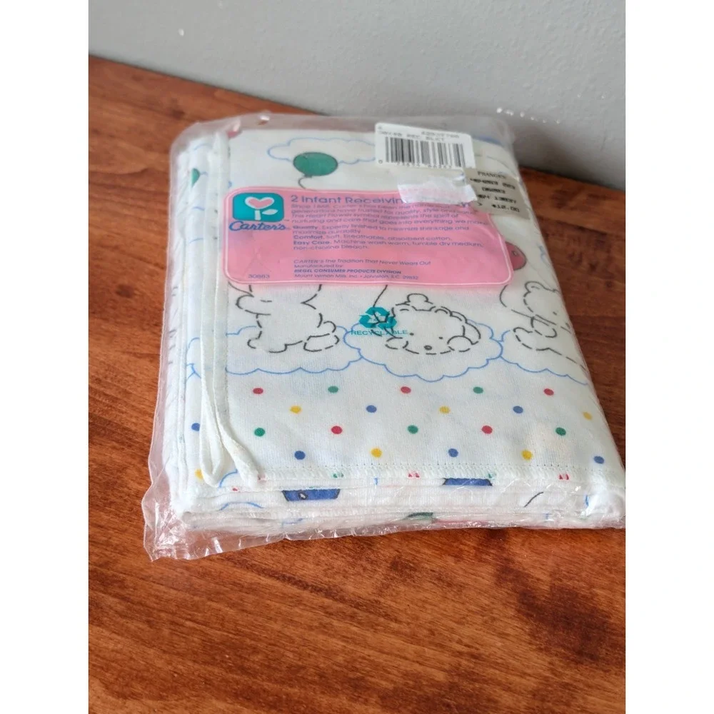Vintage Carter's Infant Baby Receiving Blankets Bear Balloon Polk Dot Rare White